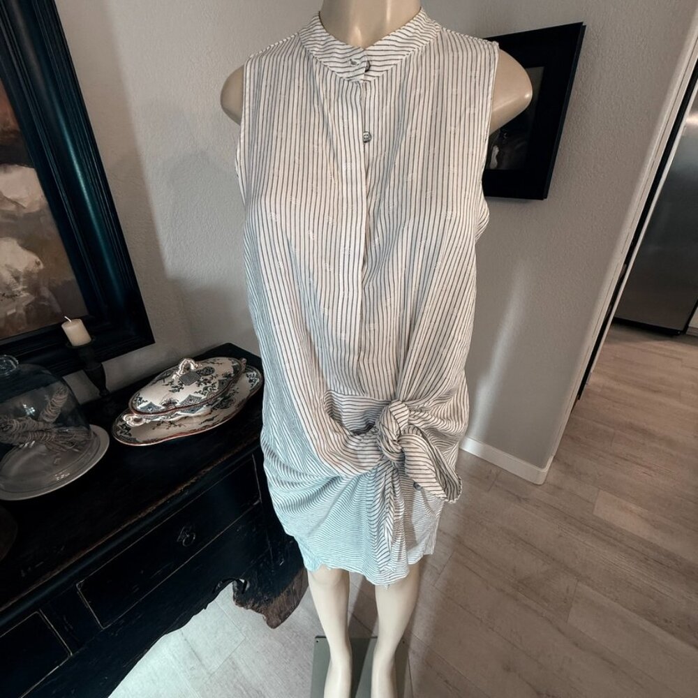 Tina Jo Shirt Dress chambrey blue pinstripe sleeveless button front tie@ the hip